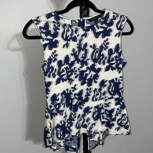 BCBG Blue and Cream Hi Low Floral Top